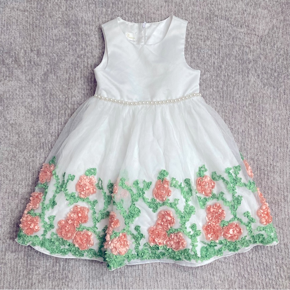 American Princess girls floral pearl dress white pink green size 5 formal